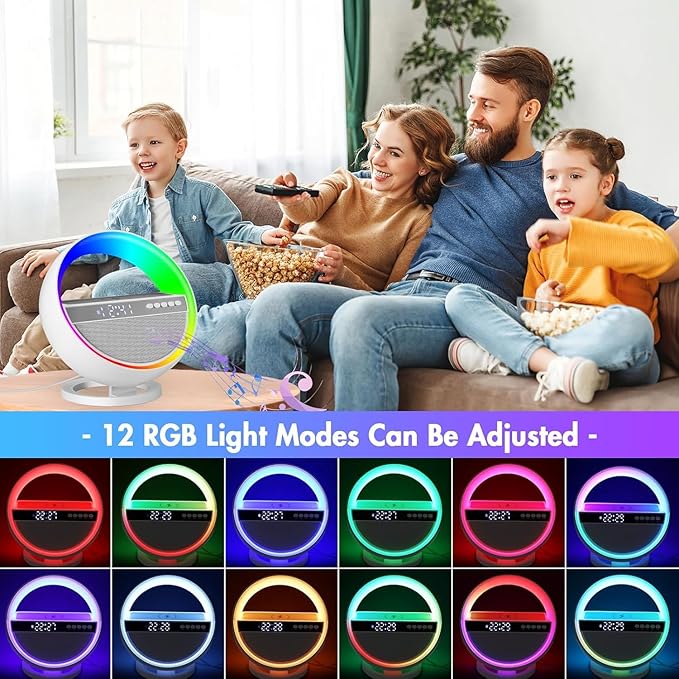 Mood Lamp with Up to 15W Wireless Charger, 6 in 1 Smart Alarm Clock, Bluetooth Speaker, LED Table Lamp with 12 RGB Colors, Bedside Nightstand Lamp, Modern Desk Lamp Gift - G5