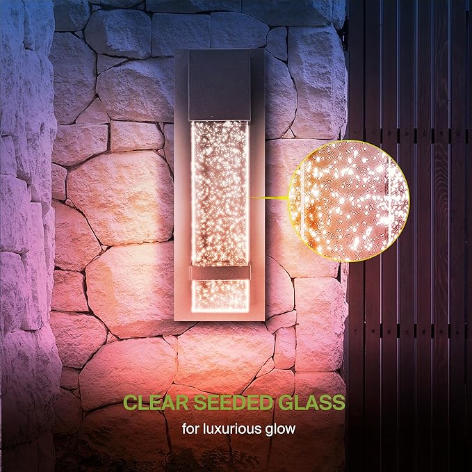 ASD LED 13 Inch Bubble Glass Wall Light Fixture | 9W 250LM RGB-3000K-5000K 100-277V | Multicolor, Waterproof, ETL Listed | Exterior Flush Mount Sconce, Outdoor-Indoor Lighting | Black, 2 Pack