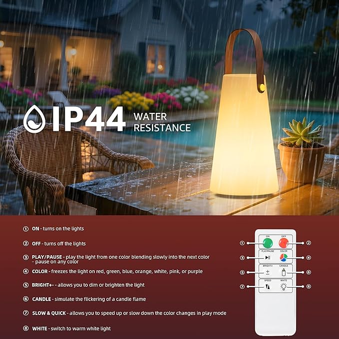 Outdoor Lanterns, GGII Rechargeable Camping Lantern with IP44 Waterproof, Battery Operated Outdoor Portable Cordless Table Lamp with RGB Lights for Patio Balcony Garden (Leather Handle)