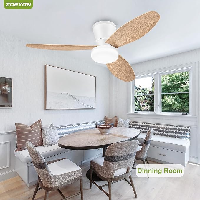 Small Ceiling Fan with Light - 42 Inch Flush Mount Ceiling Fan with Lights and Remote, Low Profile Ceiling Fans with 3 Reversible Blades, 6 Wind Speeds, White&Wood Ceiling Fans for Bedroom