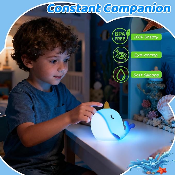 Blue Narwhal Night Light, Cute Squishy Silicone Lamp, Dimmable Touch Control Narwhal Gifts for Boys Girls, Ocean Animal Nursery Lamp for Birthday Christmas Decor