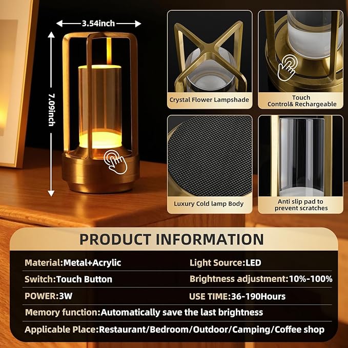 2-Pack Portable Touch Control Table Lamp with 5000mAh Battery, 3-Color Stepless Dimming Cordless LED Light for Bedroom/Camping/Restaurant/Bar Indoor & Outdoor（2-Pack Gold）