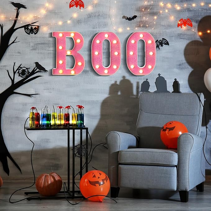 Baquler 3 Pcs Halloween Boo Decorations Light up Boo Sign Marquee LED Letters Lights Decor for Halloween Outdoor Home Room Kitchen Fireplace Tabletop Party Supplies (Pink)
