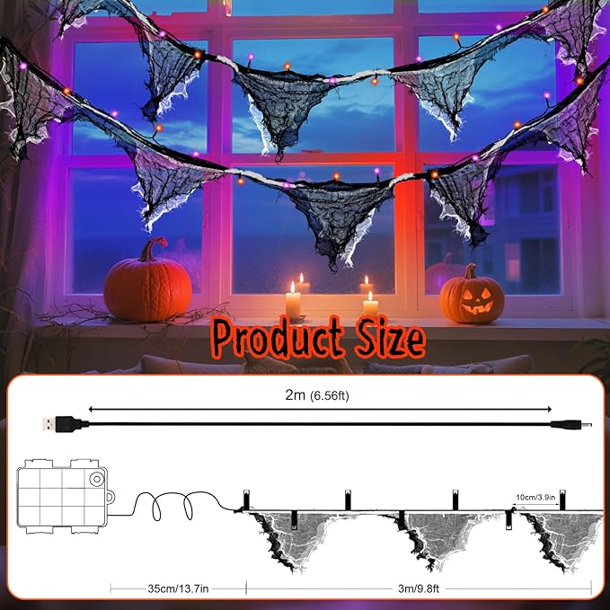 Halloween Lights Battery Operated or USB, Creepy Cloth String Lights with Timer Waterproof 9.8ft 30LED Orange and Purple String Lights Halloween Decortions for Fireplace Window Door Mirror