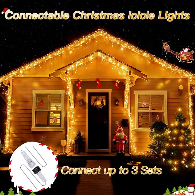 Icicle Lights for Outside, 216LED 24FT Waterproof Christmas Light Outdoor with 8 Modes & Timer, Connectable Christmas Icicle Lights for Eaves House Yard Indoor Outdoor Holiday Decoration(Warm White)