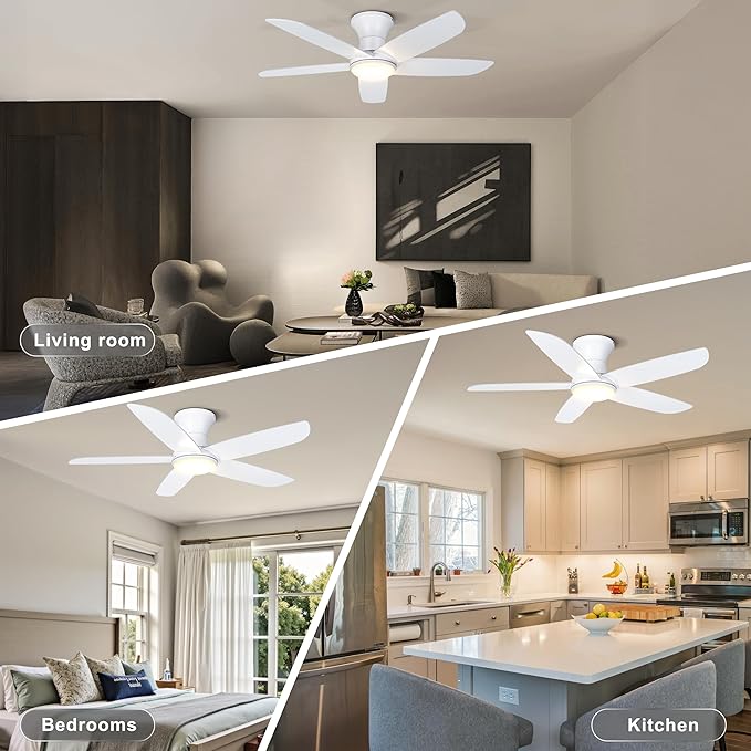 Ohniyou 46'' Ceiling Fan with Lights, Low Profile Ceiling Fans Remote/APP Control - Dimmable, Silent DC Motor, Indoor Ceiling Fan for Bedroom Kitchen, White