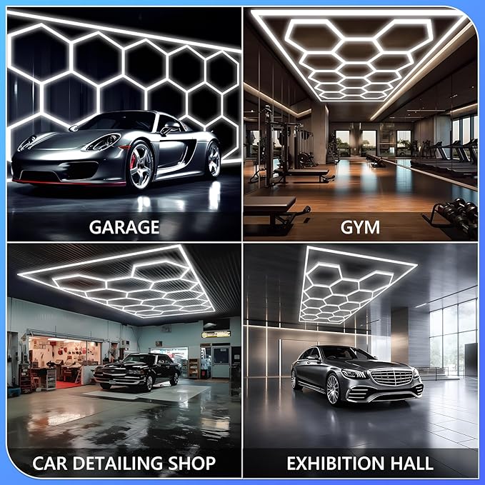 ALLYES Hexagon Garage Lights, Hexagon Ceiling Lights Super Bright Lighting, Car Detailing Ceiling Light for Workshop Warehouse Basement Gym (14 Hex Adjustable Temp)