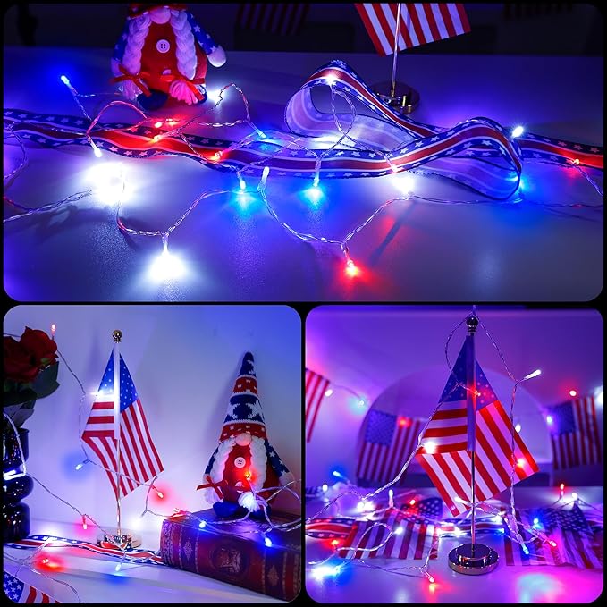 Red White Blue 4th of July Decoration Light - 30 LED 11.5Ft Patriotic Battery String Lights with 8 Modes, Timer, Waterproof - Independence Day Lighting for Outdoor House Holiday Memorial Day Decor