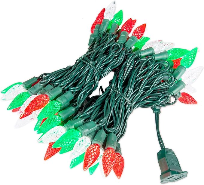 70 Light 24Ft Commercial Christmas String Lights C6 LED Strawberry Faceted Bulb – Red/Green/Pure White, Green Wire, Indoor/Outdoor, Full Wave No Flicker, Connect 43 Sets