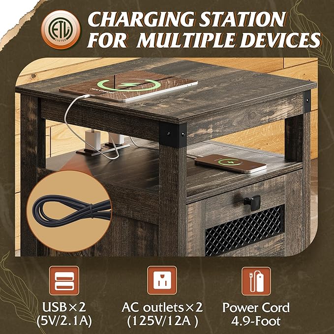 WLIVE Night Stand with Charger Station, End Tables Bedroom, Living Room, Bed Side Table with 2 Wooden Storage Drawers, Farmhouse Nightstand with USB Ports and Outlets, Dark Rustic Oak