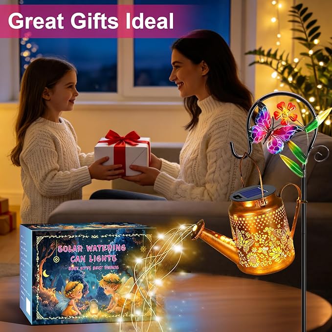 VOOKRY 2 Pack Butterfly Metal Solar Watering Can Lights, Solar Lights Outdoor Waterproof, Birthday Gifts for Women Mom Grandma, Hanging Lanterns Decorative Garden Decor for Outside Yard Patio Lawn