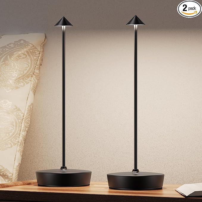 Cordless Battery Powered Table Lamp, Rechargeable LED Dimmable Brightness Metal 6000mAh Touch Table Lamp Portable Modern Design for Restaurant Indoor & Outdoor(Black 2 Pack)