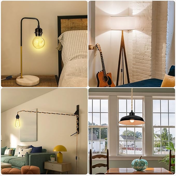 2Pack Plug in Pendant Light Cord, Farmhouse Hanging Lights with Plug in Cord, 15FT Hemp Rope Plugin Hanging Light Cord Kit with On/Off Switch, E26 E27 LightSocketCord