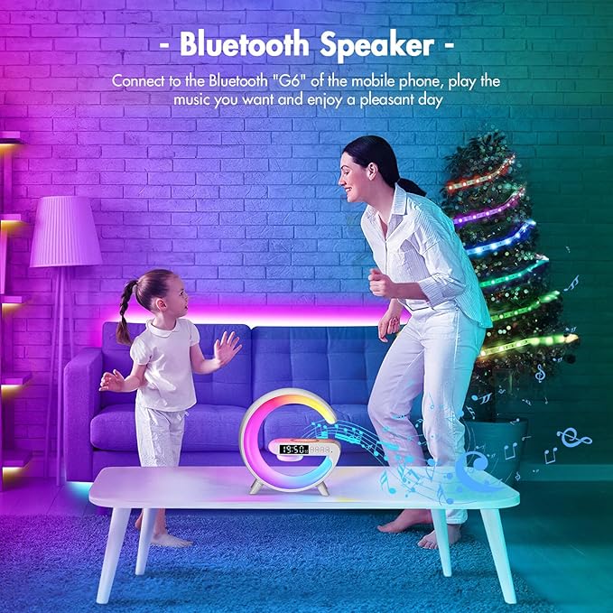 DEECOZY Mini Wireless Charger Atmosphere Lamp, Bluetooth Speaker LED Table Lamp, 10 Lights Mode Dimmable Night Light Bedside Lamp Alarm Clock with Music for Christmas Birthday Valentines Day Gifts