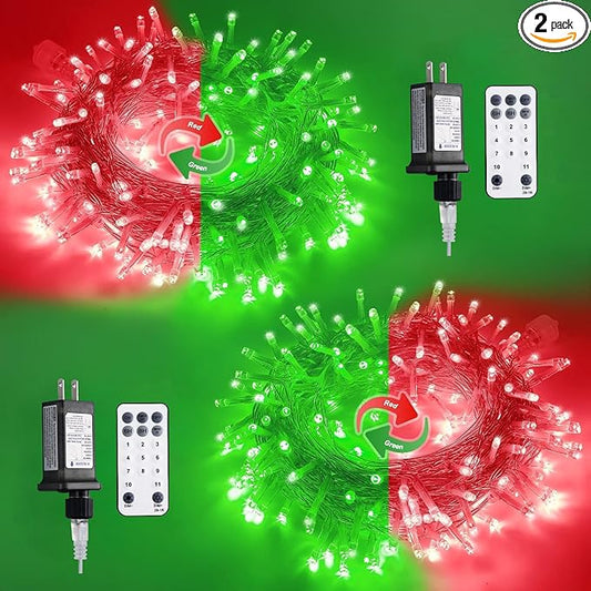 JMEXSUSS 33ft 100 LED Red Green Christmas Lights Indoor Outdoor, 2 Pack Color Changing Christmas Lights Plug in, Connectable Waterproof Christmas Tree Light for Xmas Bedroom Party Decorations