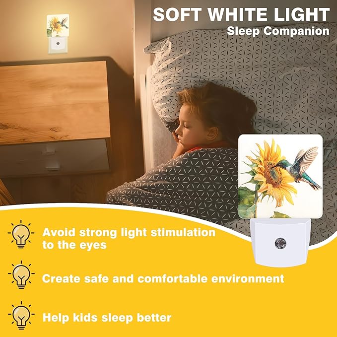 Night Light Hummingbird and Sunflower Night Lights Plug into Wall Smart Dusk to Dawn Sensor 0.5W Energy Efficient Led Lamp for Men Women Bedroom Bathroom Hallway Stairway Decor