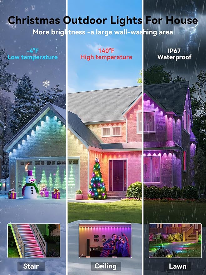 Permanent Outdoor Lights, 50FT RGB IP67 Waterproof Eaves Lighting, Smart LED Outside House Lights with App/Remote Control for Halloween, Christmas Decor, Holiday, Party, Daily, All Year-Round