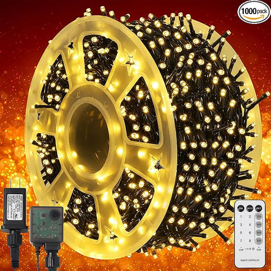 WATERGLIDE 1000 LED Christmas String Lights, 328 FT Green Wire LED Decorative Fairy Lights with Remote & 8 Modes, Waterproof for Outdoor Xmas Holiday Party Garden Wedding Home Decor, Warm White