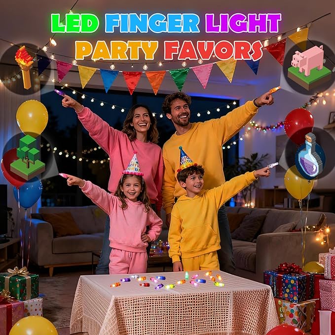 36 Pack Pixel Party Favors LED Finger Lights for Kids, Glow in the Dark Building Game Goodie Bag Stuffers, Pixel World Birthday Party Gifts for Classroom Rewards