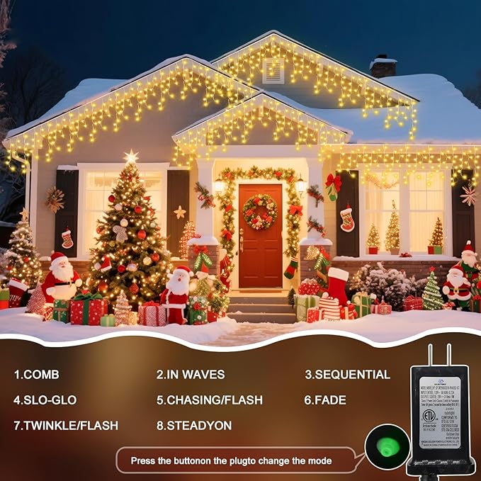 98 Ft Ice Lights for Outside, 1216 LED Christmas Lights Outdoor Plug in, Christmas String Lights with 8 Modes & Timer for Holiday, Party, Wedding, House, Patio, Outdoor Decor(Warm White)