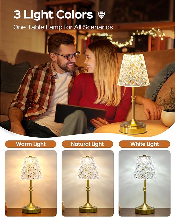 JACKYLED Cordless Lamp Rechargeable, Acrylic Crystal Lampshade, 3 Colors with Built-in Dimmer, 5400mAh Battery Operated, Wireless Lamp for Kitchen Counter Bedroom Living Room