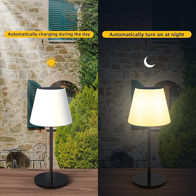 Solar Table Lamp Outdoor Solar Lamp Waterproof with Light Sensor,Outdoor Lamps for Patio,Dimmable Warm White and RGB LED Solar Lamp Cordless,Portable Night Light for Garden、Terrace、Camping.