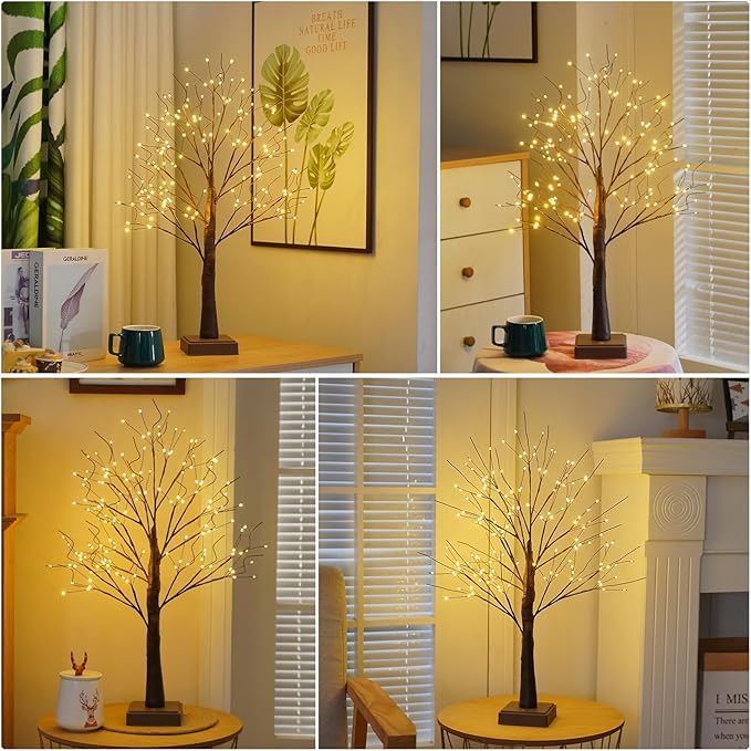 144 LED Artificial Tree Lamp with Timer, DIY Birch Trees with LED Lights, Lighted Up Trees Lamp USB/Battery Powered, Fairy Light Spirit for Table Home Wedding Bedroom Christmas (Brown)