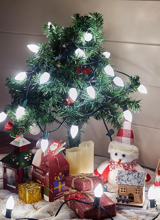 25 Pack C7 LED Replacement Christmas Light Bulbs for Light Strand and Christmas String Lights, Plastic Shatterproof Dimmable Holiday C7 Bulbs for E12 Base Sockets, Commercial Grade, Pure White