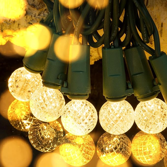 BOHON Christmas Lights Outdoor Faceted G15 50 LED 17ft Plug in Mini Globe String Lights Waterproof Extendable Green Wire for Indoor Patio Xmas Thanksgiving Tree Decoration Warm White