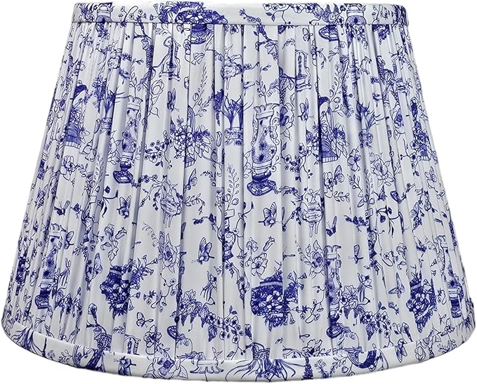 RDI Pleated Pattern Fabric Lampshade, Flora Collection, Medium Lamp shade, 10 x 14.5 x 10 inch (Top x Bottom x Height), Blue White Garden