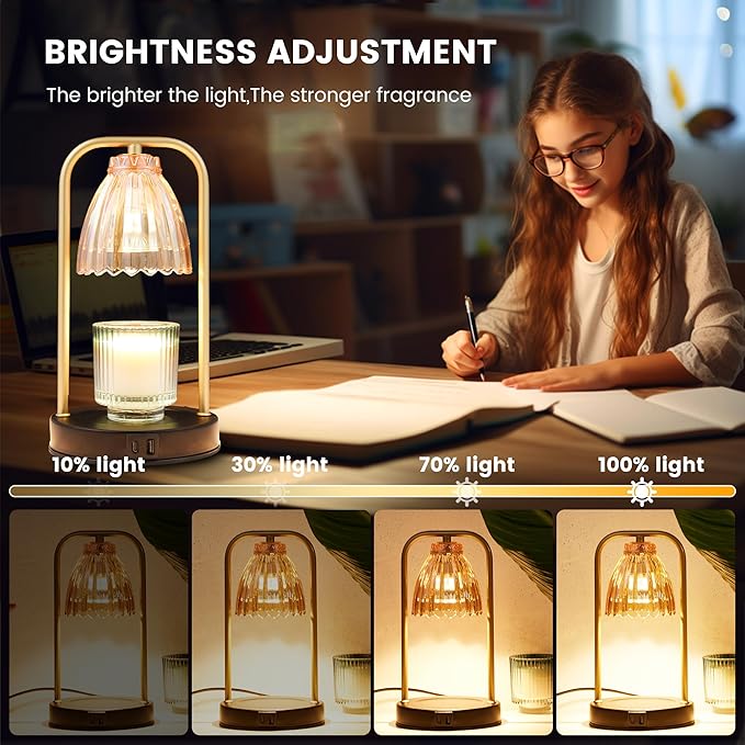 CATY&KITTEN Candle Warmer Lamp with Timer & Dimmer, Table lamp with USB and Type C Output,Dimmable Wax Melt Warmer with 2 * 50W Bulbs, Christmas Gifts and House Warming Gift,Home Decorations Gift