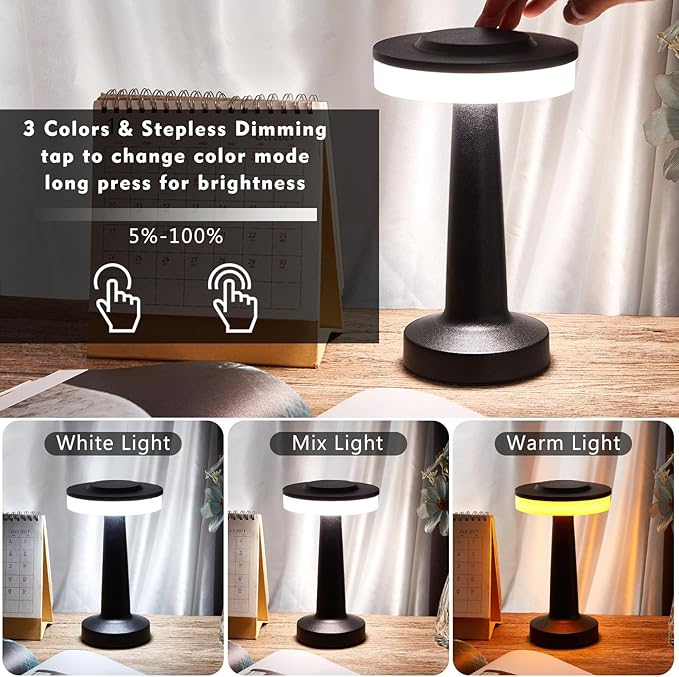 Riakrum 2 Pcs LED Portable Cordless Table Lamp with Touch Sensor 3 Color Stepless Dimming Rechargeable Battery up to 15 Hours Cordless Table Light Wireless Lamp for Nursery (Black)