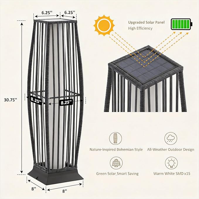 Rattan Outdoor Floor Lamp Set of 2, Boho Solar Porch Lights Outdoor Waterproof for Patio, Garden, Balcony & Deck, Gray (Vertical)