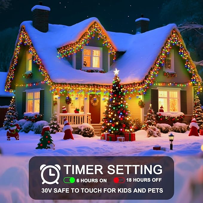 49 Ft Ice Light for Outside, 480 LED Christmas Lights Outdoor Plug in, Christmas Ice Lighting with 11 Modes & Timer for Holiday, Party, Wedding, Patio, Outdoor Decor(Warm+Multicolor)