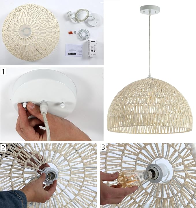 JONATHAN Y 10.25" White Modern Bohemian Woven Rope LED Pendant Light Fixture, Adjustable Dome Ceiling Lamp for Kitchen Island, Rope Shade, Coastal Farmhouse Decor (JYL6513A)