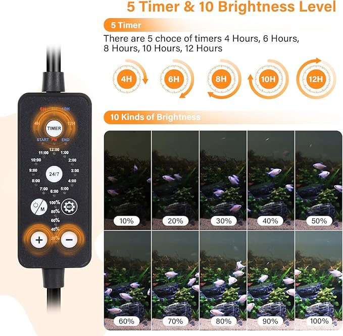 hygger Submersible LED Aquarium Light, 11W 12 in 24/7 Mode Fish Tank Light with 5 Rows Beads, with Timer 9 Colors and Adjustable Brightness, IP68 Waterproof Full Spectrum Light for 13-23 inch Tank