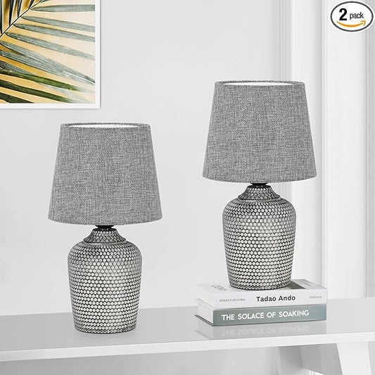 Sucolite 11.8'' Small Table Lamps Set of 2, Bedside Nightstand Lamps for Bedroom Kid’s Room, Cute Desk Lamps with Studded Texture Base for Reading Nursery Living Room Office, Grey