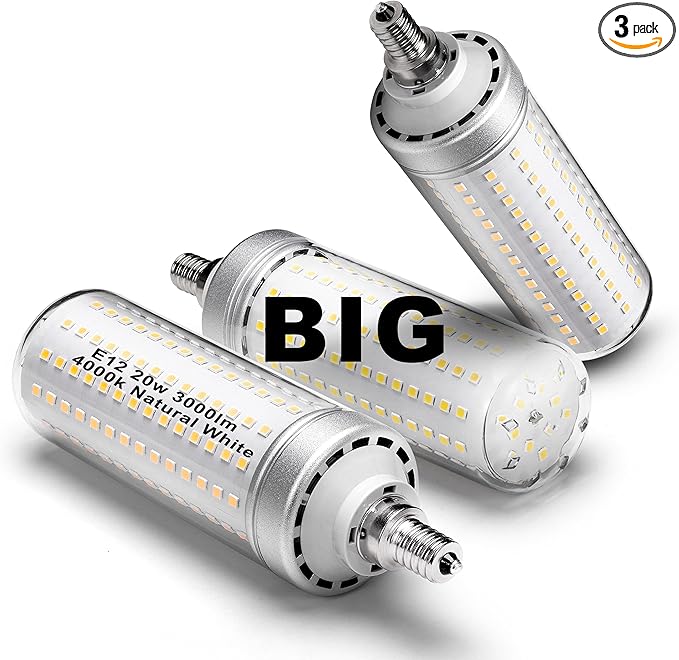 Big1.77x 6.1 inch, E12 200 Watt Equivalent LED Candelabra Bulbs C7,4000K Natural White, 3000 LM T6 E12 20W LED Chandelier Light Bulbs for Ceiling Fan Pendant Lighting Floor Lamp,Non-dimmable, 3 Pack