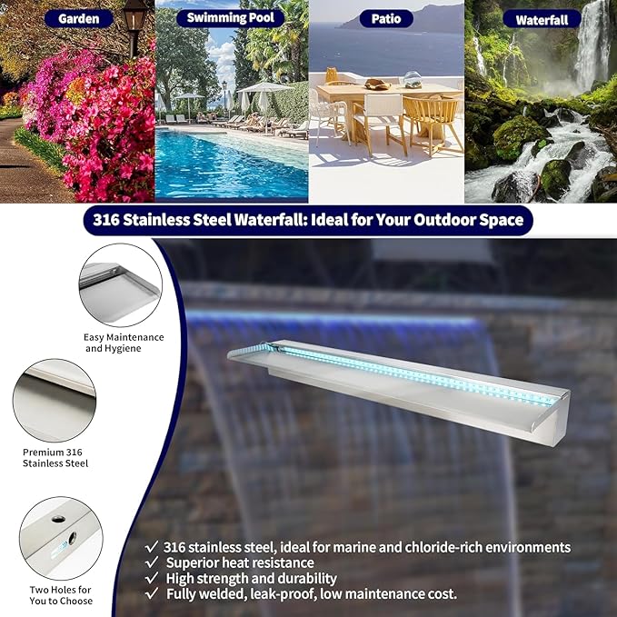 36'' APP 316 Stainless Steel Spillway with 16-Color LED Light Bar, Salt Water Corrosion Resistant Lighted Waterfall Pool Fountain Designed for Seawater Use, Waterfall Spillway for Garden Outdoor