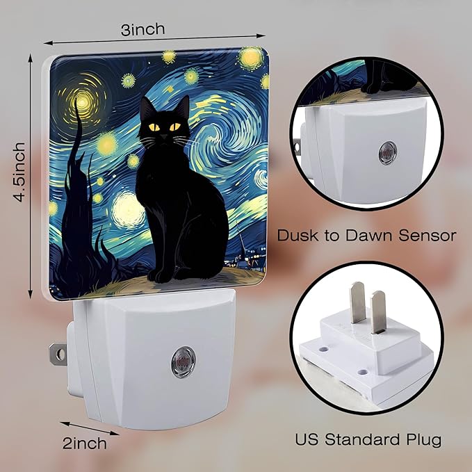 Starry Night Black Cat Night Light Plug into Wall, Abstract Oil Painting Dusk to Dawn Night Light Plug in,0.5w Energy Saving Sleep Friendly NightLight for Kids Boys Girls Home Decor