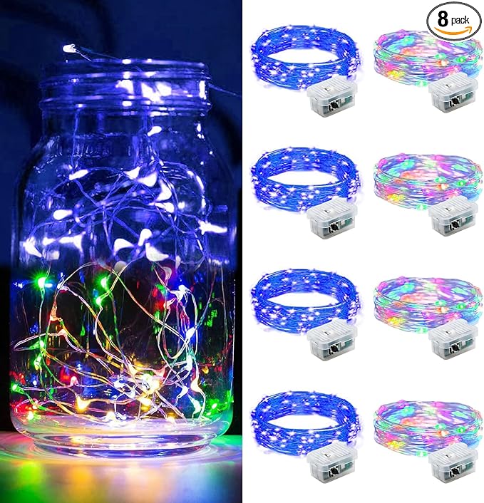 8 Pack Fairy Lights 7Ft 20 LED Twinkle String Lights Battery Operated Waterproof Firefly Starry for Mason Jar Party Wedding Christmas Valentines Day,Rainbow + Blue