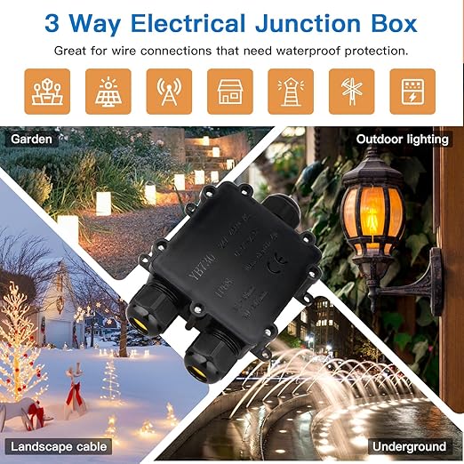 Helunsi Waterproof Junction Box 3 Way, IP68 External Waterproof Electrical Junction Box, Black Underground Junction Box Outdoor Cable Connector, for Diameter 5mm -14mm Wire Gland (1 Pack - Larger)