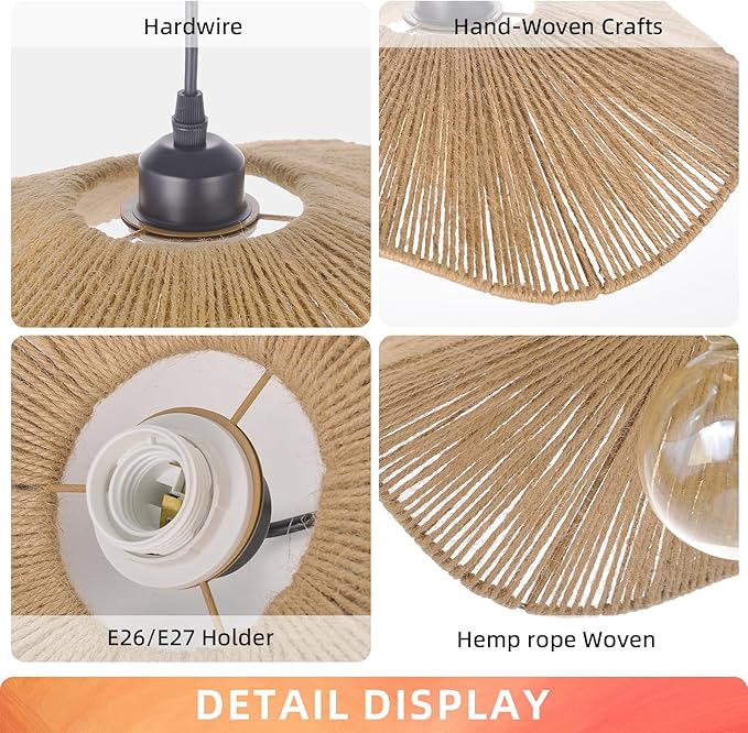 Arturesthome Rustic Farmhouse Chandelier Wicker Pendant Light Woven Ceiling Hanging Lighting for Dining Room Kitchen Hallway Foyer 19.6"