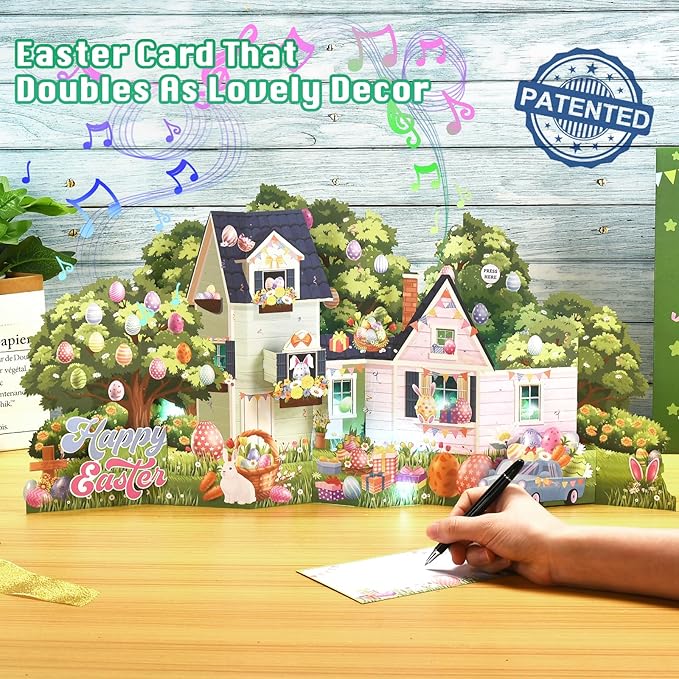 Pop Up Easter Cards, 3D Jumbo Easter House Greeting Card with Lights & Music, Giant Happy Easter Bunny Eggs Scene Card Keepsake Gift for Kids Family Friends Spring Holiday Celebration