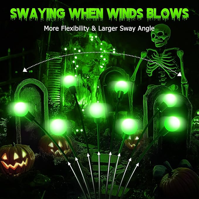 LETMY 6Pack 48 LED Halloween Decorations Outdoor Upgraded Swaying Solar Lights Outdoor, Waterproof Solar Firefly Lights Solar Halloween Lights for Pathway Yard Garden Decorations (Green)