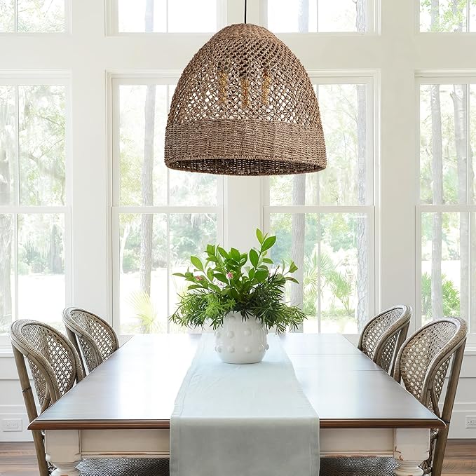 19" Rattan Pendant Light,Hand-Woven Rustic Wicker Hanging Light 3-Light Seagrass Ceiling Chandelier Oval Water Plants Rattan Chandelier for Dining Living Bedroom Kitchen Farmhouse