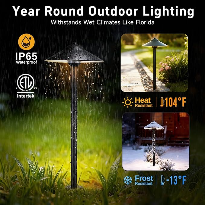 Gardenreet Solid Brass Landscape Path Lights (9" Shade, 23.5" Tall) - Low Voltage Pathway Light Wired, 12v IP65 Outdoor Area Lighting, LED Black for Garden Yard Driveway with 3W 2700K G4 Bulb (4 Pack)