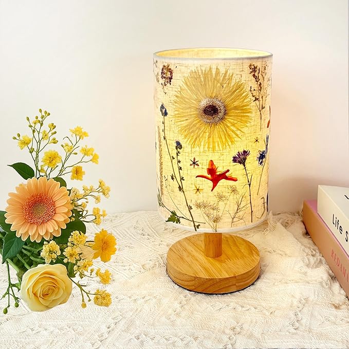 Dried Flowers Table Lamp,5w Led 3-Color Pressed Floral Beside Lamp,Cute Vintage Linen Shade Desk Lamp for Bedroom Office with Wood Base