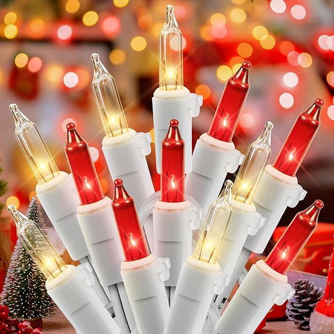 Hopolon 2PACK Red & Warm White Christmas Lights,50Count 13FT Christmas String Lights Mini Light with White Wire for Outdoor Indoor,Plug in for Xmas Party Patio Wedding Holiday Decor