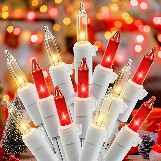 Hopolon 2PACK Red & Warm White Christmas Lights,50Count 13FT Christmas String Lights Mini Light with White Wire for Outdoor Indoor,Plug in for Xmas Party Patio Wedding Holiday Decor